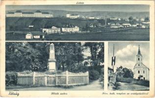 1939 Rétság, látkép, Hősök szobra, emlékmű, Római katolikus templom, Országzászló. Hangya Szövetkezet kiadása (fl)