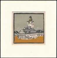 Kós Károly (1883-1977): Brassói városháza, színes linómetszet, papír, jelzés nélkül, paszpartuban, 11×11 cm