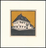 Kós Károly (1883-1977): Kúria, színes linómetszet, papír, jelzés nélkül, paszpartuban, 11×11 cm