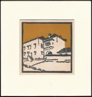 Kós Károly (1883-1977): Utcarészlet, színes linómetszet, papír, jelzés nélkül, paszpartuban, 11×11 cm