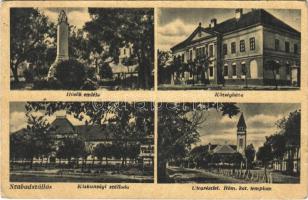 1944 Szabadszállás, Hősök emléke, Községháza, Kiskunsági szálloda, utca részlet, Római katolikus templom (Rb)