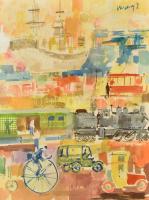 Vaszary J jelzéssel: Nagyvárosi forgatag. Akvarell, ceruza, papír, kartonra kasírozva. Üvegezett fa keretben. 31,5x23,5 cm