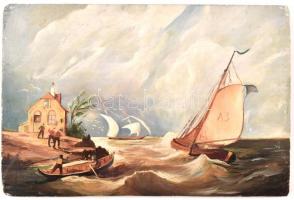 Jelzés nélkül: Viharos tenger, hajókkal. Olaj, fa. 22x15 cm