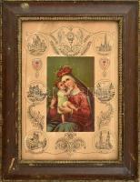 Szűz Mária és Jézus. Szent év, (Szent István-emlékév) Magyarország, 1938. Litográfia, rajzolt papírra ragasztva, üvegezett keretben, 33x23 cm