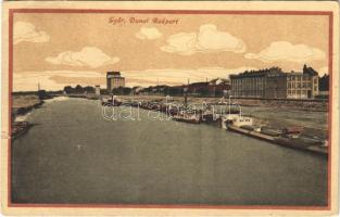 1917 Győr, Dunai rakpart, uszályok, gőzhajó. Szende Gyula kiadása (kis szakadás / small tear)