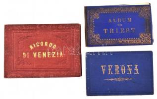 1874 Verona, Triest, Venezia 3 db fotó és litografált képeket tartalmazó leporelló egészvászon kötésben, vegyes állapotban / litho and photo leporellos in various condition