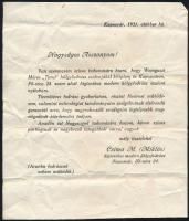 1931 Csizma Miklós kaposvári fodrász értesítése, mely szerint Weinguszt Mária Turul hölgyfodrász szalonjából kilépett és saját üzletet nyitott. Hajtásnyomokkal.