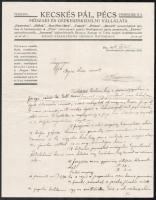1934 Kecskés Pál, Pécs, műszaki és gépkereskedelmi vállalata, kézzel írt árajánlat, jótálló-levél és számla elektromos porszívó alkatrészcseréről fejléces papíron, valamint hozzá tartozó postautalvány, hajtásnyommal, eredeti sérült és hiányos borítékban