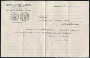 1937 Kaposvár, Mihálovits János géperőre berendezett műbútor-asztalos üzeme, igazolás felvett pénzről készítendő hálószobáról, díszes fejléces papíron, hajtásnyommal,