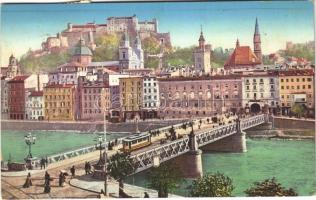 1915 Salzburg, Stadtbrücke mit Hohen-Salzburg / bridge, tram, castle