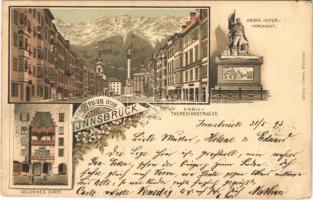 1893 (Vorläufer!!!) Innsbruck (Tirol), Maria-Theresienstrasse, Andrä Hofer-Monument, Goldenes Dachl / street view, monument, historical house. Ottmar Zieher Art Nouveau, floral, litho (EK)