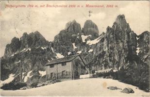 1913 Dachsteingebirge, Hofpürglhütte mit Bischofsmütze u. Mosermandl / chalet, shelter, mountains (small tear)