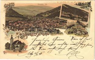 1898 Mürzzuschlag (Steiermark), Total, Hotel Lambach, Kirche  / general view, hotel, church. O.Z.M. Art Nouveau, floral, litho (EB)