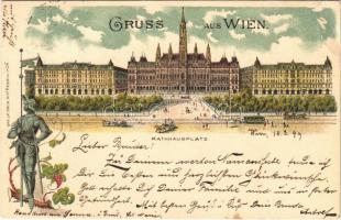 1899 Wien, Vienna, Bécs; Rathausplatz / town hall, horse-drawn tram. Schneider & Lux No. 367. Art Nouveau, floral, litho (EB)