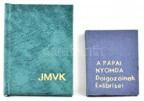 2 db minikönyv, A Pápai Nyomda dolgozóinak Ex Librisei, sorszámozott, 28 db fametszettel, A pápai JMVK nyomdatermékei.