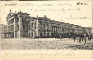 1909 Wien, Vienna, Bécs; Süd-Bahnhof / railway station, horse-drawn carriages, tram (crease)