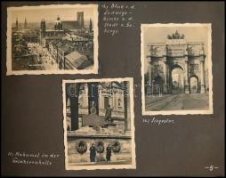 1941 Emléklapok németországi utazásaimról és kirándulásaimról, fotóalbum, feliratozva, tartalomjegyzékkel (Wachau, München, Bodensee, stb.), leporellókból származó képekkel, 3,5×5 és 9×6 cm