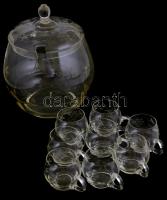Üveg bólés készlet 8 db pohárral, fedővel, apró csorbákkal, tál m: 28 cm, d: 18 cm, pohár m: 7 cm