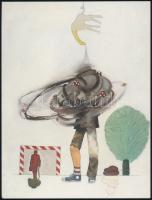 ef Zámbó István (1950-): Balljongleur. Balancing a giraffe, 1978. A művész olajfestményének reprodukicója nagyméretű képeslapon, hátoldalán apró foltokkal 19,5x15 cm