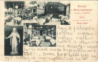 1900 Budapest I. Üdvözlet a "Márvány menyasszonyhoz" címzett vendéglőből, étterem belső, kert vendégekkel