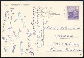 1974 Focisták aláírása Bregenzből hazaküldött képeslapon (Sallói, Takács, Horváth, stb.)