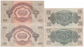 1944. 20P (2x, színváltozatok) + 1944. 100P (2db, színváltozatok) T:III