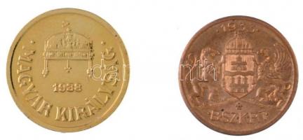 1938. 2f Br aranyozva + 1933. "BSZKRT / Kisszakaszjegy" aranyozott Cu T:1-,2