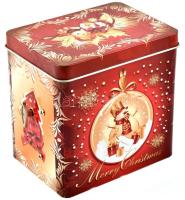 Karácsonyi fém zenélő doboz, kis kopásnyomokkal, 9×12×12 cm