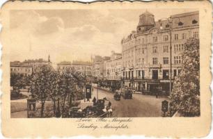 1920 Lviv, Lwów, Lemberg; Plac Maryacki / Marienplatz / street view, tram, shops (fa)