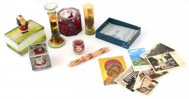 Vegyes bolha tétel, közte: üvegdoboz, különféle dekorációk, fotók, marokkó játék