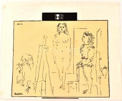 Pablo Picasso (1881-1973): Festő és modellek. Ofszet nyomat, papír. Postabank logóval. Lap felső részében törésnyomokkal, bal szélén apró foltokkal. 32x40 cm