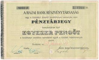 1943. Hazai Bank Részvénytársaság pénztárjegye 1000P-ről T:III-