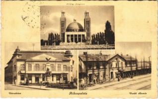 1942 Budapest XV. Rákospalota, Evangélikus templom, Városháza, Vasútállomás (gyűrődés / crease)
