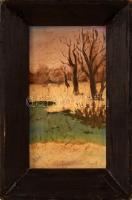 Bártfay Elly (1917-1995): Téli táj, olaj, papír, jelzett, hátoldalán a művész címkéjével. Fa keretben. 15x9 cm