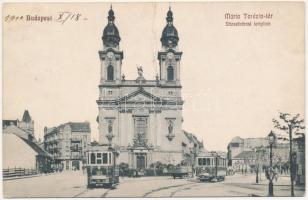 1910 Budapest VIII. Mária Terézia tér, Józsefvárosi templom, villamos (fa)