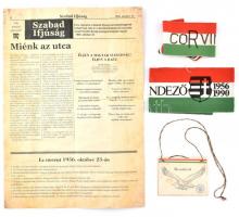 1990 Rendező 1956-1990 és CoRvin nemzeti színű karszalagok és a Corvin Közi Bajtársi Közösség Rendező kártyája, valamint a 1956-os újságokból szemelvényezett modern kiadású újság, reprint, foltos.