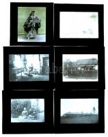 cca 1910 Japán, Biwasaki, lepratelep, kórház, 5 db üvegdia + 1 db japán színészt ábrázoló üvegdia, feliratozva, 8,5×8,5 és 10×8,5 cm