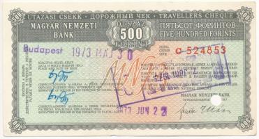 1973. A Magyar Nemzeti Bank utazási csekkje 500Ft-ról, felülbélyegzésekkel, lyukasztással érvénytelenítve