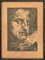 Varga Mátyás (1910-2002): Önarckép.  Linómetszet. Jelzett, Dedikált!. Üvegezett keretben. 30x20 cm