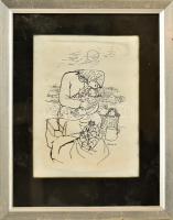 Reich Károly (1922-1988): Anya gyermekével. Nyomat, papír, Reich Károly nyomtatott aláírásával. Kissé foltos. Üvegezett fa keretben, 17x12 cm