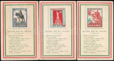 cca 1930 Bajtárs már ne várjunk 3 db irredenta emléklap Arad, Kolozsvár, Kassa propaganda bélyegekkel 9x14 cm