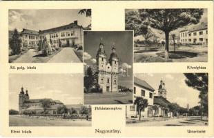 Nagysurány, Surany; Állami polgári iskola, községháza, elemi iskola, utca, plébániatemplom / schools, town hall, street, church