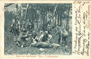 1901 Gruss vom Geselligkeits-Club d Wildschützen / Austrian hunting club, hunters with rifle and deer