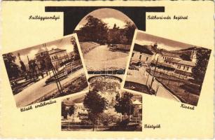 Szilágysomlyó, Simleu Silvaniei; Báthori vár bejárata, kioszk, bástyák, hősök emlékműve / castle entry, kiosk, towers, heroes monument  (EK)