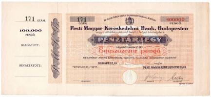 ~1926-1945. Pesti Magyar Kereskedelmi Bank pénztárjegy 100.000P-ről, kitöltetlen, hajtatlan, vízjeles papíron, alacsony 171 sorszámmal T:III