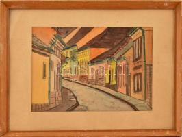 Jelzés nélkül: Dimbes-dombos utca. Akvarell, ceruza, papír. Üvegezett fa keretben. 24x34 cm