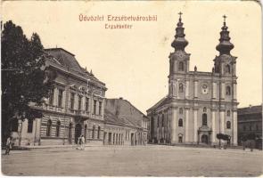 1909 Erzsébetváros, Dumbraveni; Fő tér, templom. W.L. 1831. / main square, church