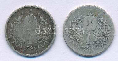 Ausztria 1893-1894. 1K Ag "Ferenc József" (2x) T:3
Austria 1893-1894. 1 Corona Ag "F...