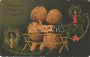 Kellemes karácsonyi ünnepeket! Csókolózó diócskák / Christmas greeting, kissing walnuts. Wenau Postkarte Pastell No. 766. litho