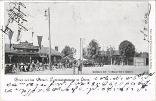 1898 Steyr, Gruss von der Oberöst. Landesausstellung in Steyr. Ausschank Brauhauses Kl. Schwechat A. Dreher. Pavilion der Glockengießerei Beteler / Upper Austrian Exhibition, bell foundry and brewery pavilions, bicycle (EK)